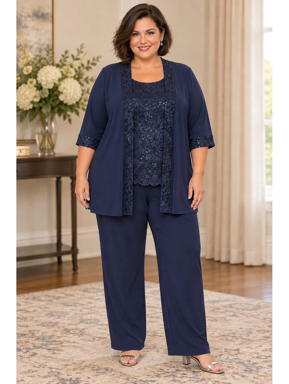 Catherines 20WP Petite Navy 3-Piece Sequin Lace Pant Set